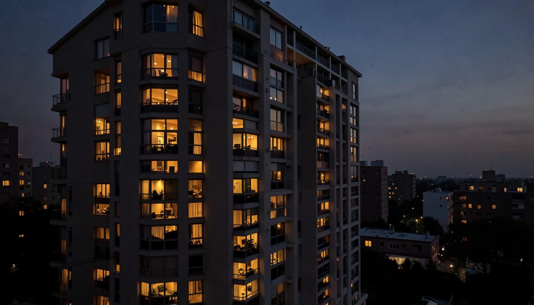 Residential high-rise with warm interior lights visible through windows at dusk, dark and amber palette