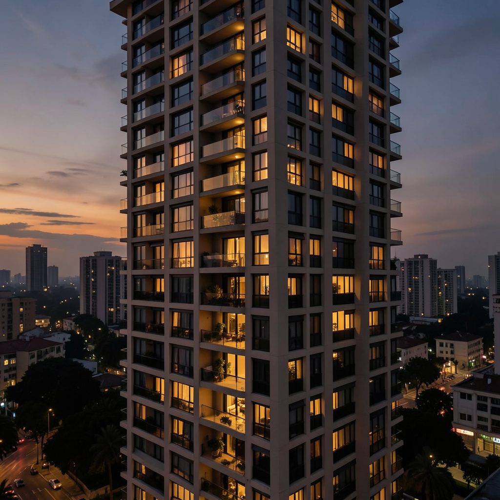 Residential high-rise with warm interior lights visible through windows, dusk ambiance, dark and amber palette