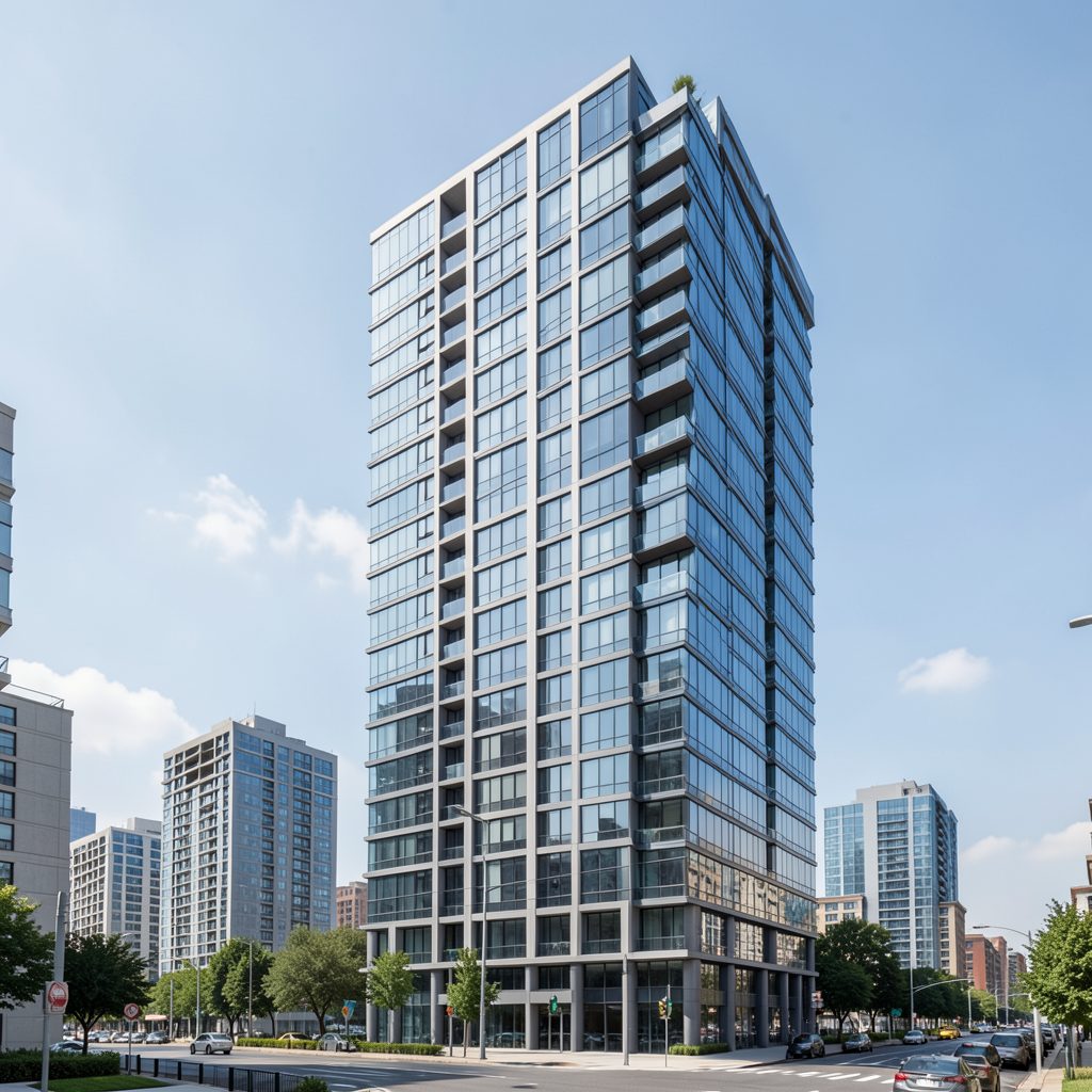 Sleek residential tower with modern glass facade, cool gray and blue tones, daytime urban setting