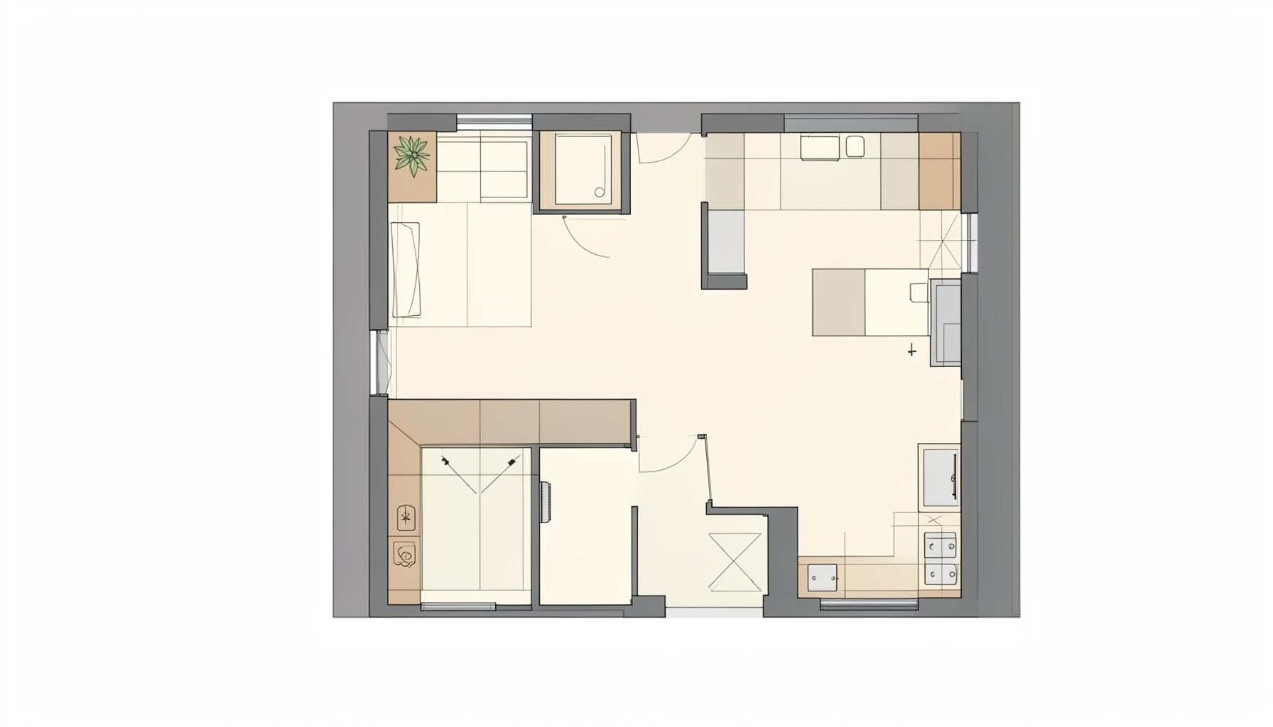 Residential floor plan schematic with muted gray and ivory tones, highlighting kitchen, bath, and balcony placement in a modern apartment