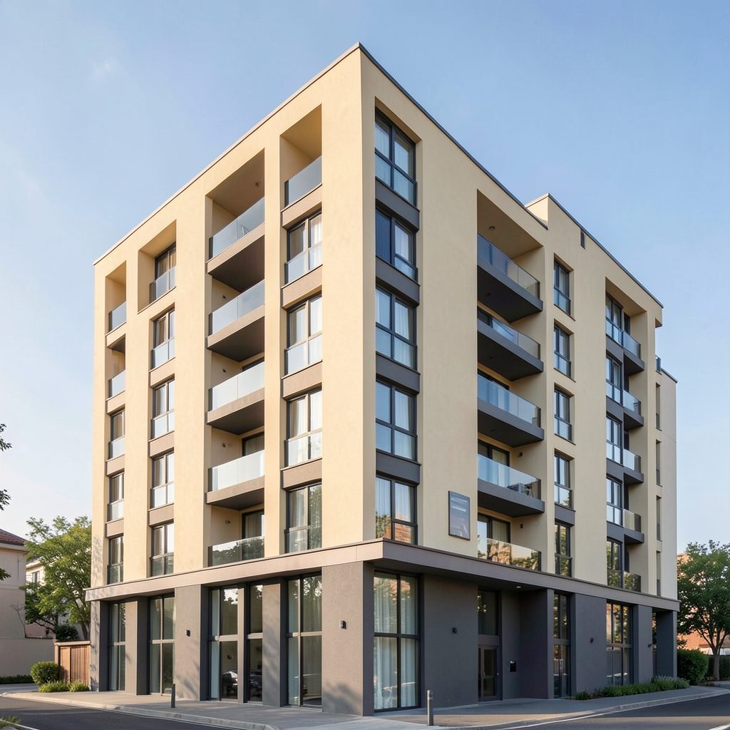 Contemporary apartment building facade with clean lines, warm beige and gray tones, set against a clear sky