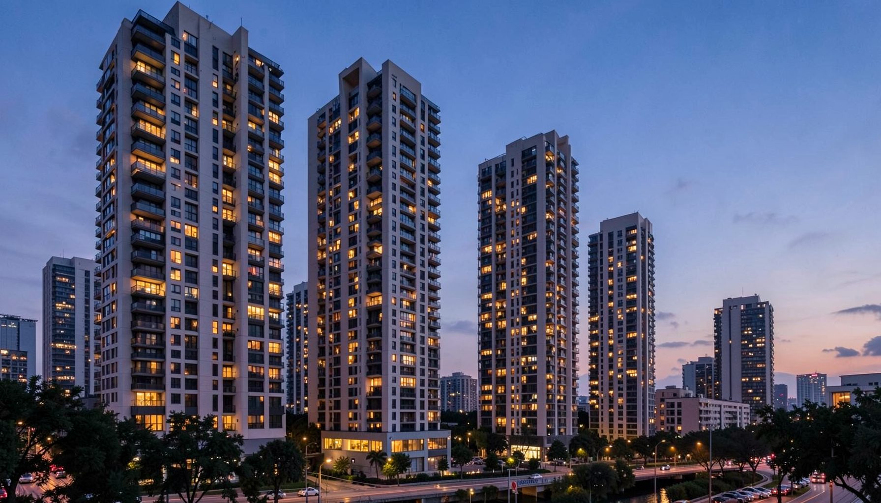 Modern residential towers rising against a twilight sky, warm amber window lights glowing across the facade, calm urban mood