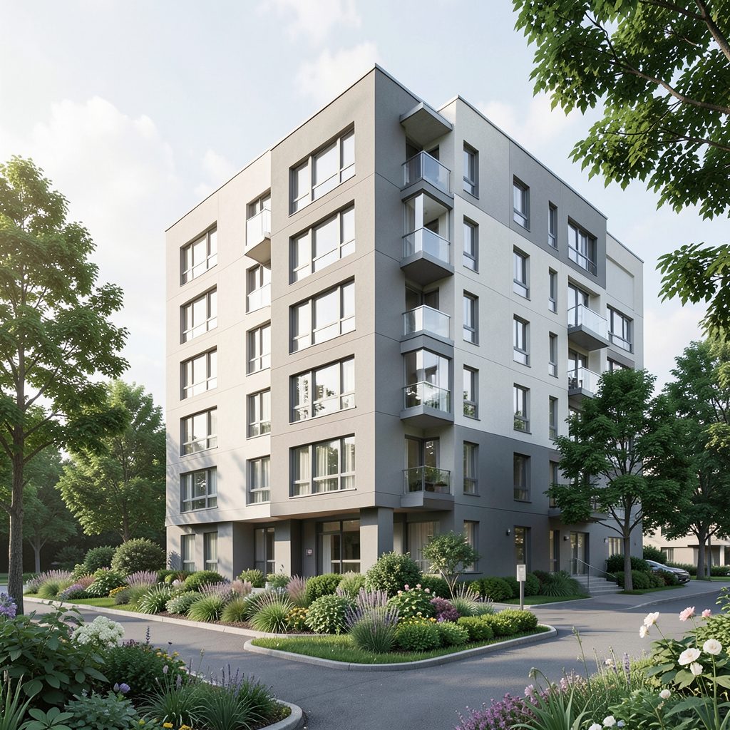 Mid-rise residential block with landscaped surroundings, soft natural light, neutral gray and green palette