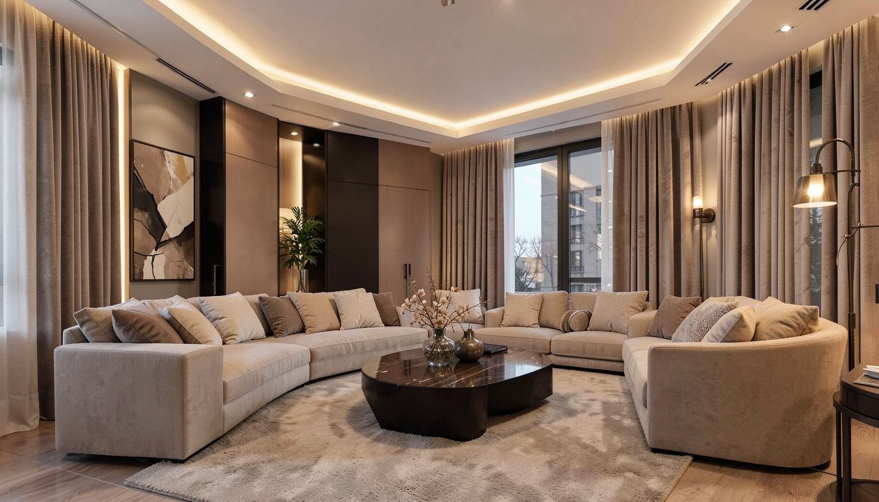 Bright modern hospital interior with warm ambient lighting, neutral cream and soft gray tones, conveying a calm and professional healthcare environment