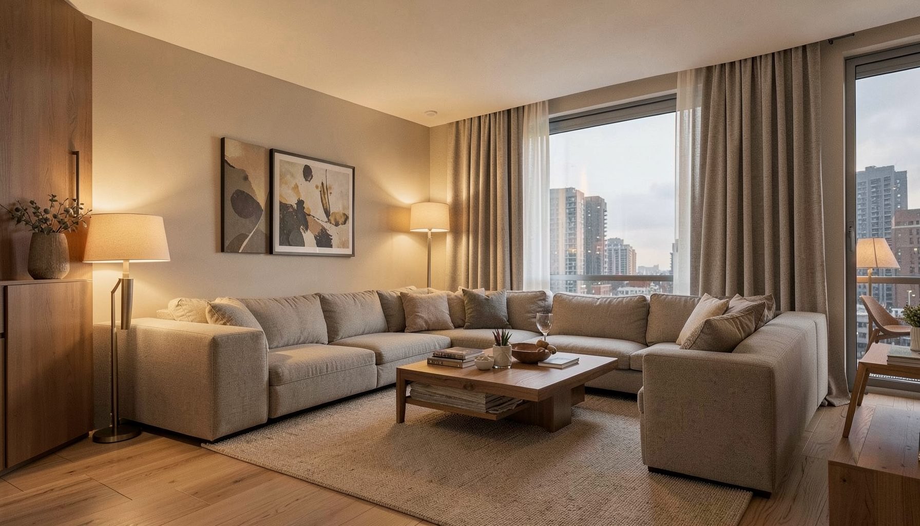 Modern residential interior with warm ambient lighting and neutral tones, conveying comfortable urban living