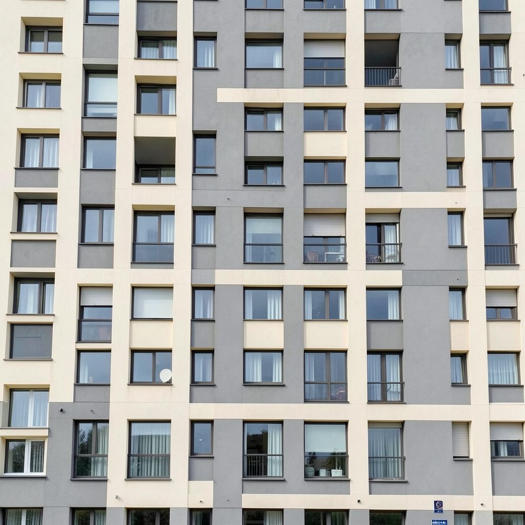 Apartment building exterior with rhythmic window pattern, muted gray and ivory facade