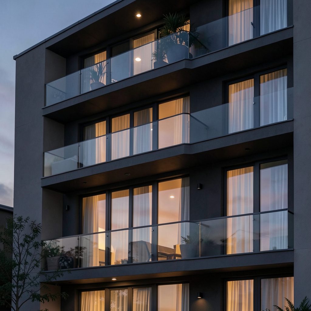 Modern residential facade with glass balconies, soft twilight glow, dark and warm tones