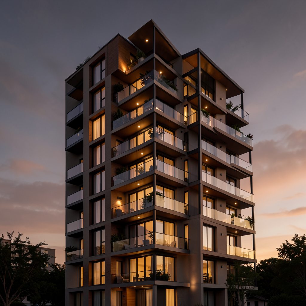 Residential tower with modern balcony design, warm evening light, dark and amber tones