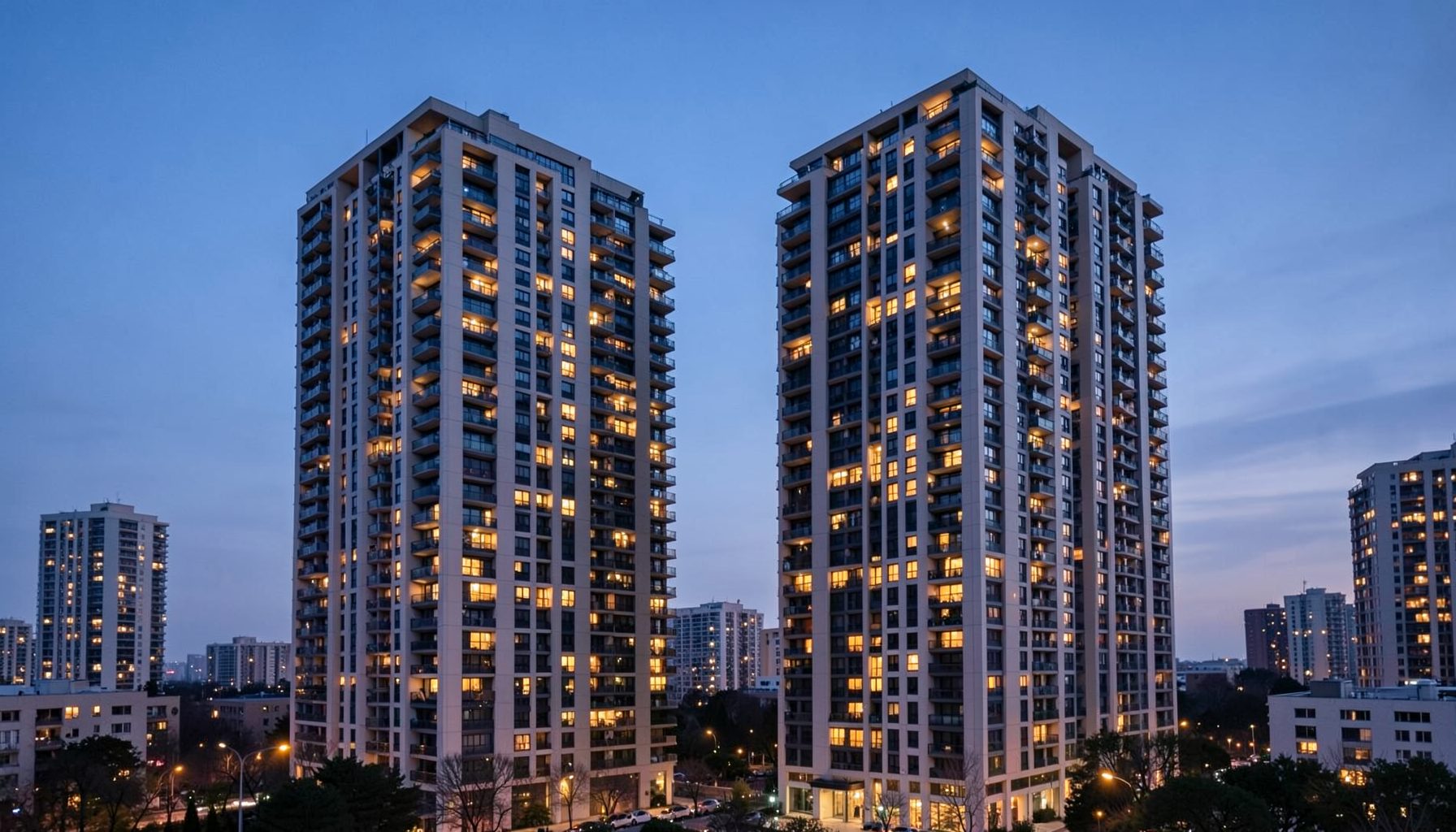 Modern high-rise residential towers against a twilight sky, warm window lights glowing across the facade, calm urban atmosphere