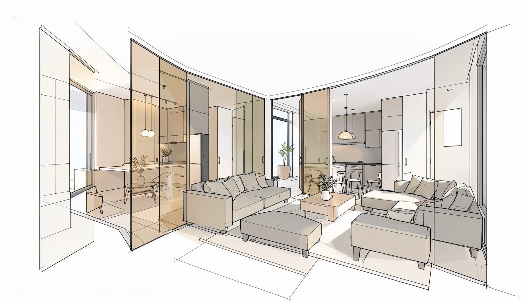 Modern apartment interior layout sketch with clean lines, warm beige and soft gray tones, showing room divisions and open-plan living spaces