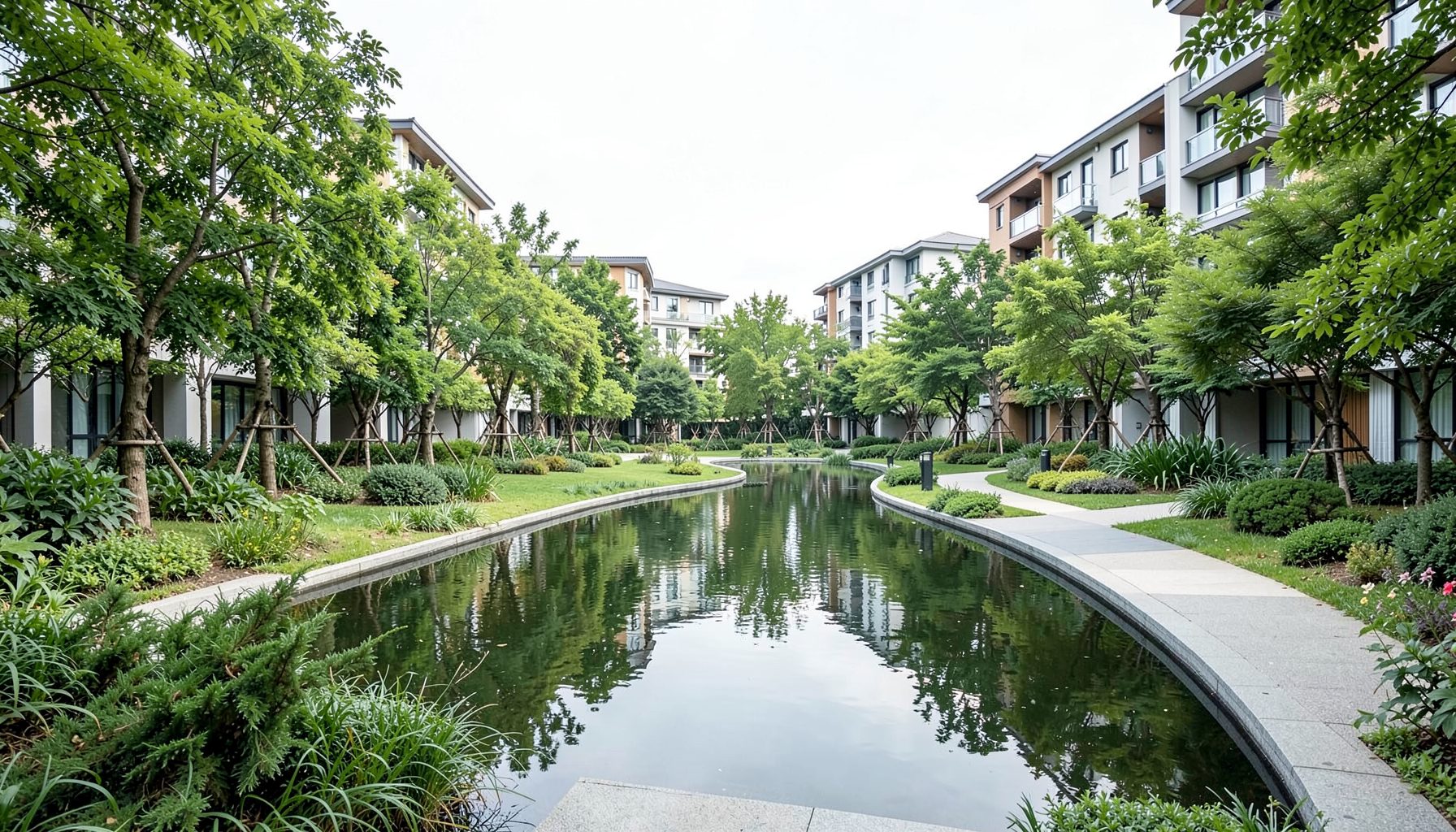 Lush landscaped park with a reflective water feature and walking paths, framed by contemporary residential buildings, calm green and neutral tones