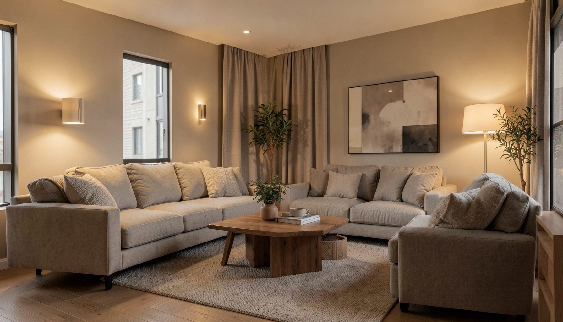 Warm residential interior with soft ambient lighting and neutral tones, conveying comfortable modern urban living