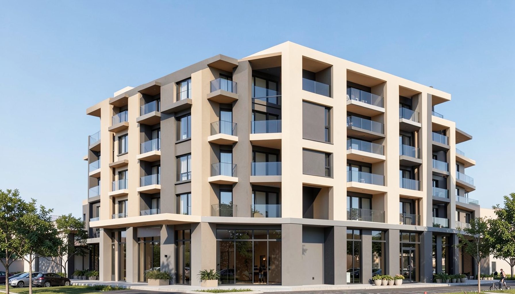 Contemporary apartment building facade with clean architectural lines, warm beige and gray tones against a clear sky