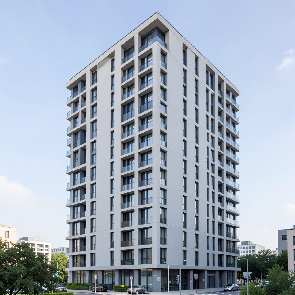 Contemporary tower block with clean architectural lines, neutral gray tones, daytime setting