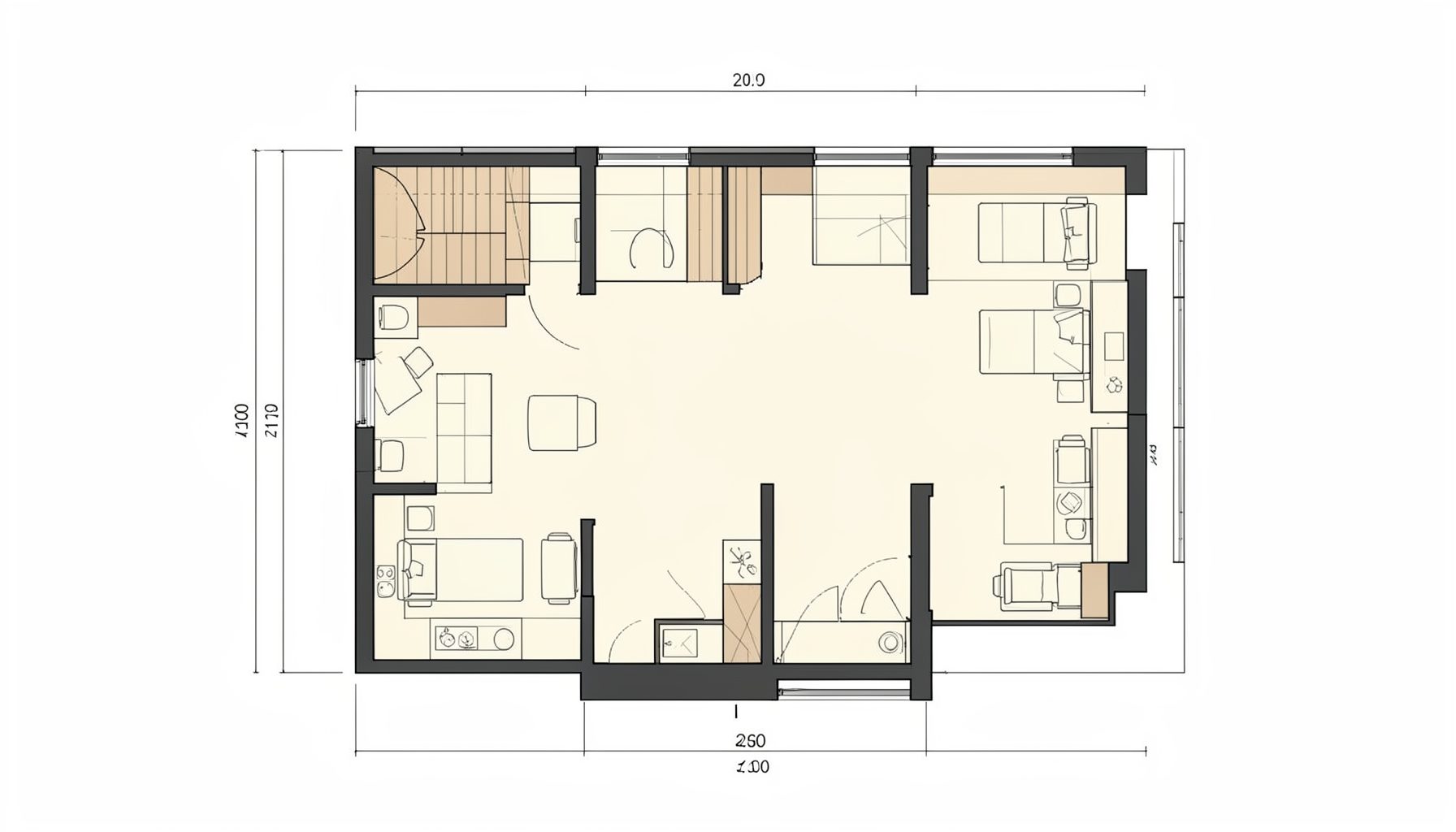 Architectural floor plan drawing with neutral cream and charcoal palette, showing living space proportions in a modern apartment