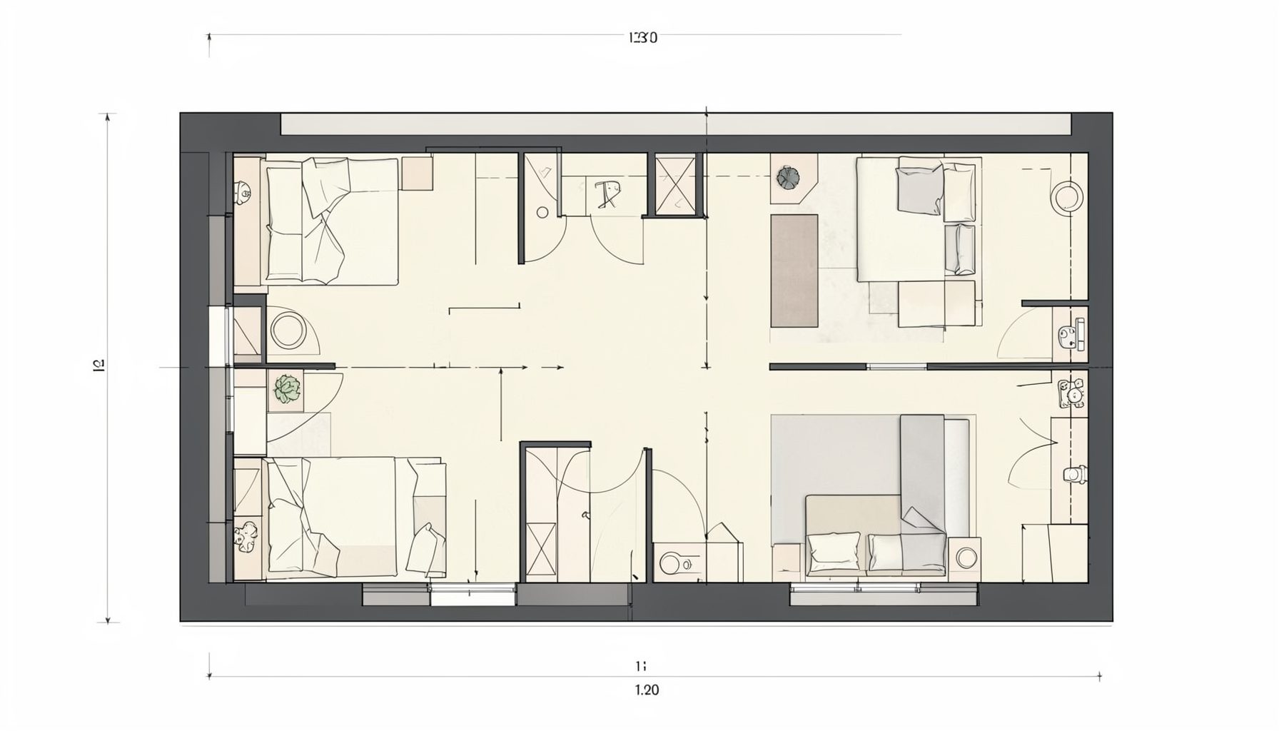 Architectural floor plan drawing with neutral cream and charcoal palette, showing bedroom and living space proportions